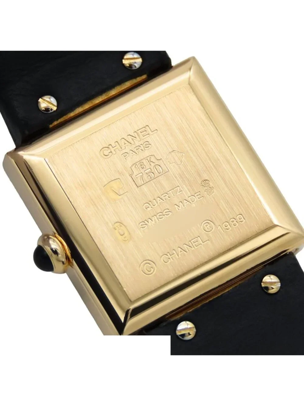 Chanel Mademoiselle Black 18K Yellow Gold Leather Shell Dial Watch Quartz